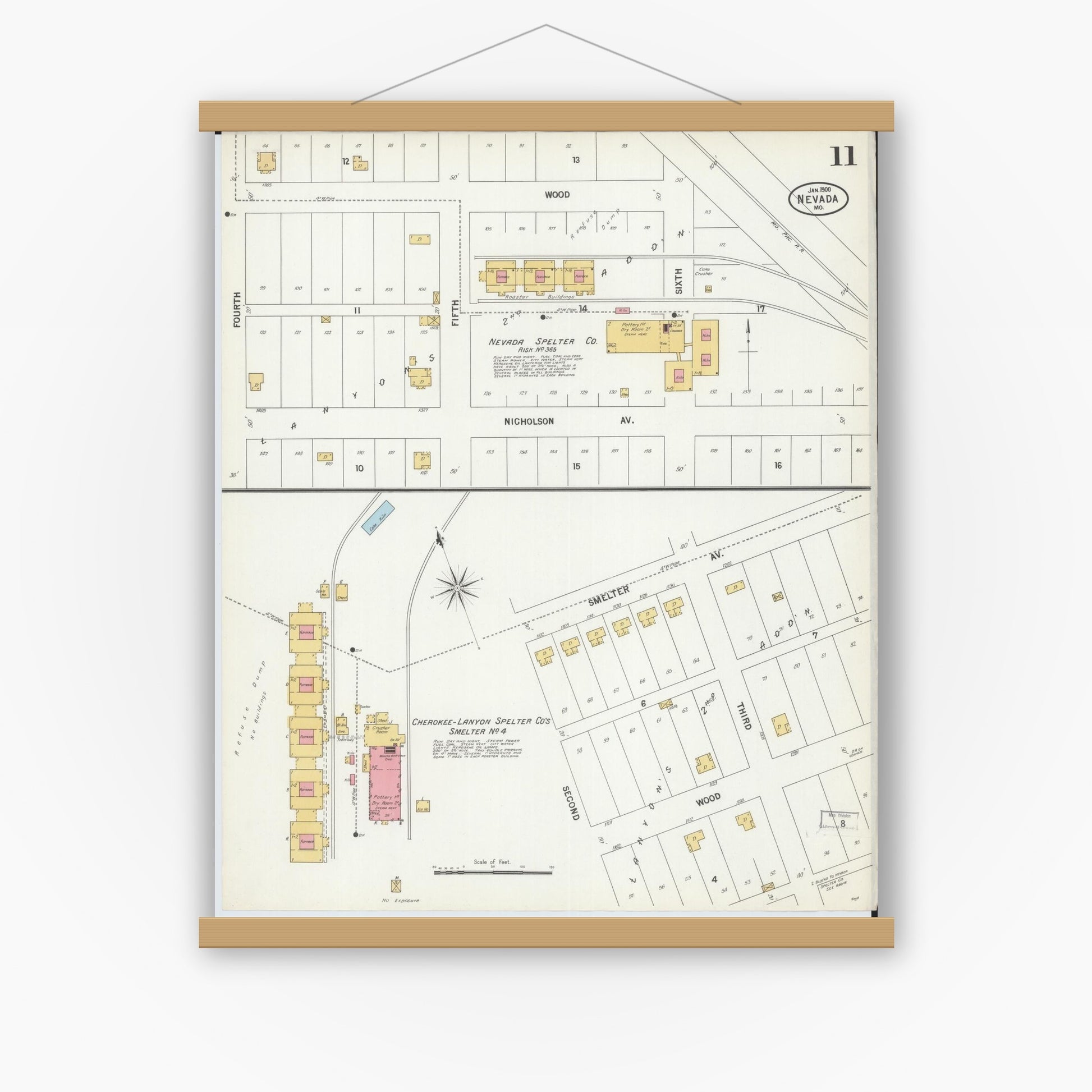 Old map wall art mockup — magnetic wood frame on white wall — Sanborn Fire Insurance Map from Nevada, Vernon County, Missouri (1900), Sheet #0011
