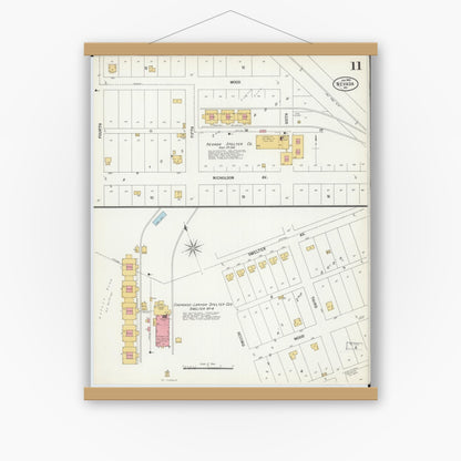 Old map wall art mockup — magnetic wood frame on white wall — Sanborn Fire Insurance Map from Nevada, Vernon County, Missouri (1900), Sheet #0011
