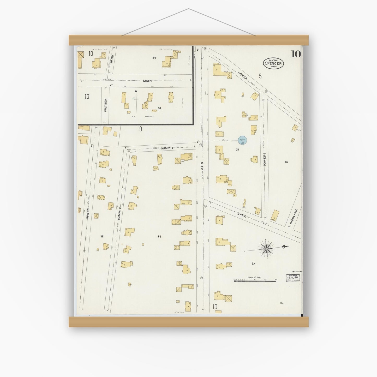 Old map wall art mockup — magnetic wood frame on white wall — Sanborn Fire Insurance Map from Spencer, Worcester County, Massachusetts (1906), Sheet #0010