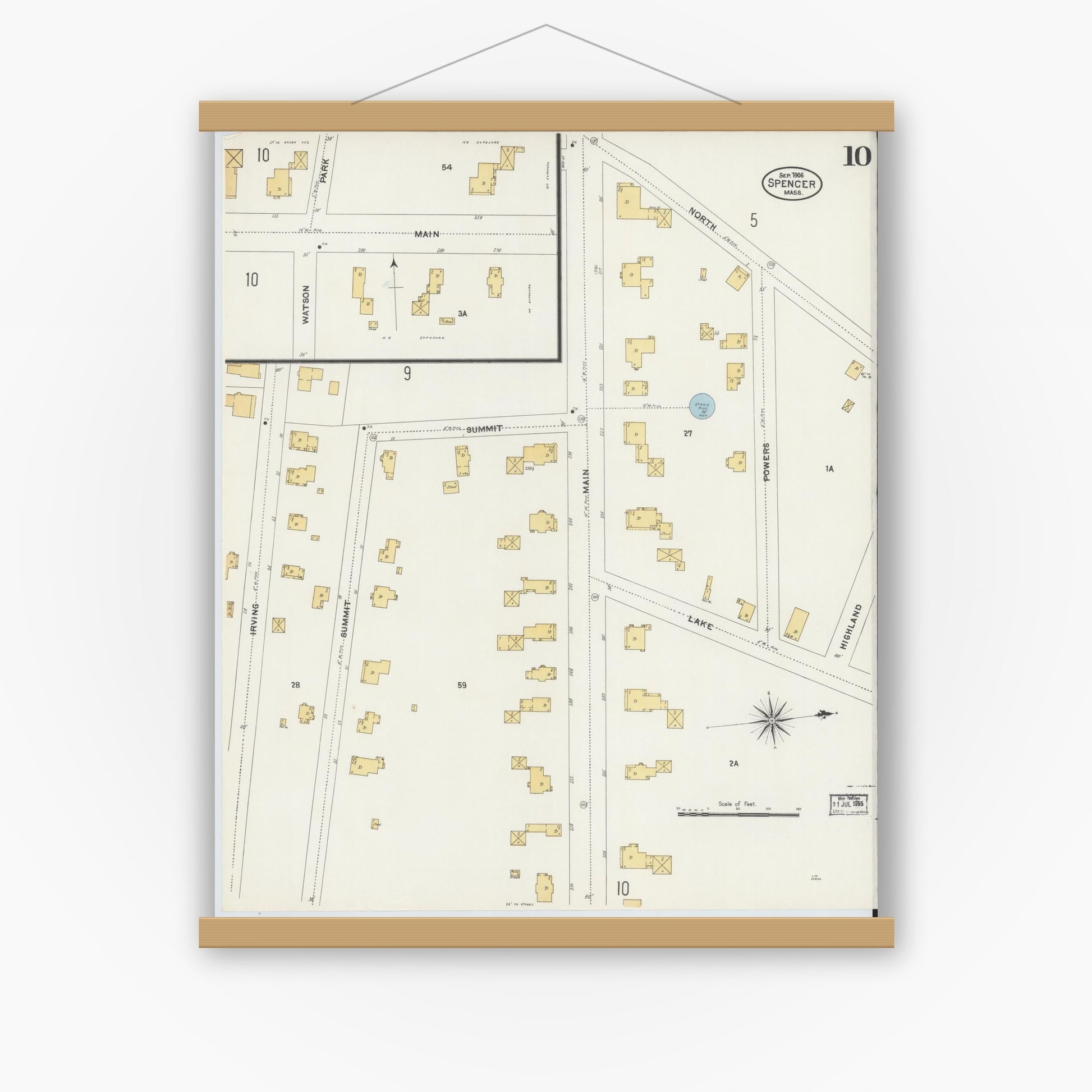 Old map wall art mockup — magnetic wood frame on white wall — Sanborn Fire Insurance Map from Spencer, Worcester County, Massachusetts (1906), Sheet #0010