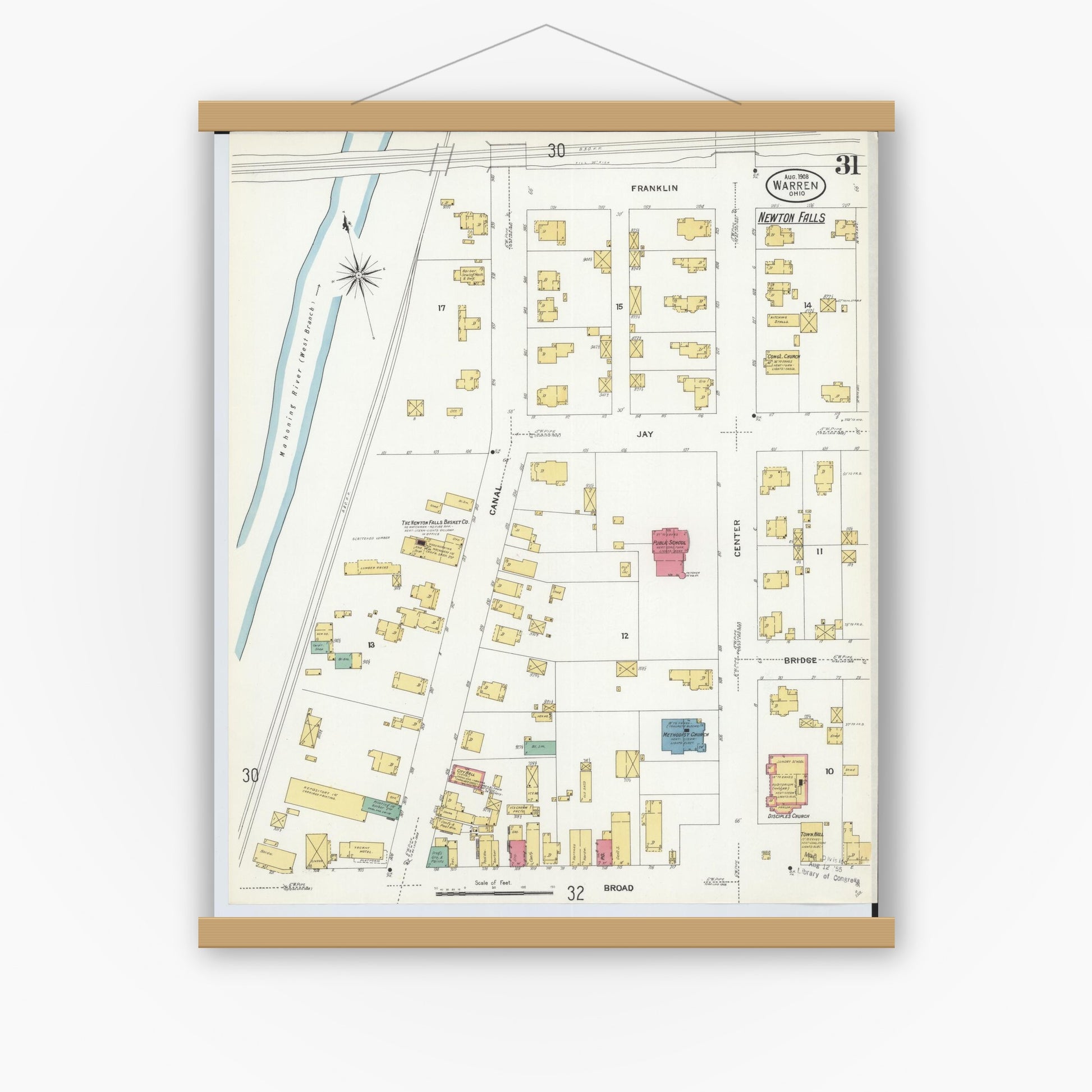 Old map wall art mockup — magnetic wood frame on white wall — Sanborn Fire Insurance Map from Warren, Trumbull County, Ohio (1908), Sheet #0031