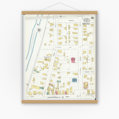 Old map wall art mockup — magnetic wood frame on white wall — Sanborn Fire Insurance Map from Warren, Trumbull County, Ohio (1908), Sheet #0031