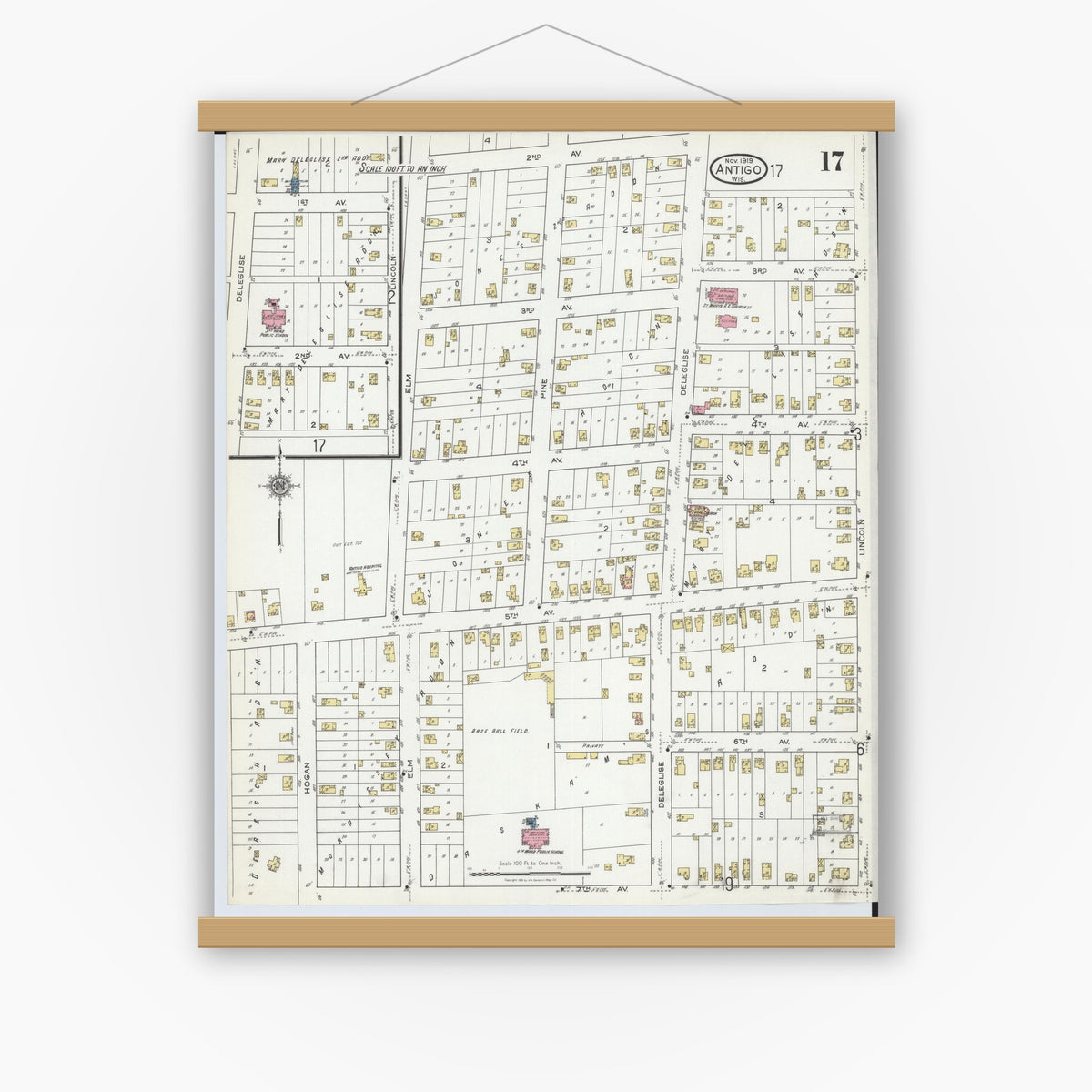 Old map wall art mockup — magnetic wood frame on white wall — Sanborn Fire Insurance Map from Antigo, Langlade County, Wisconsin (1919), Sheet #0017