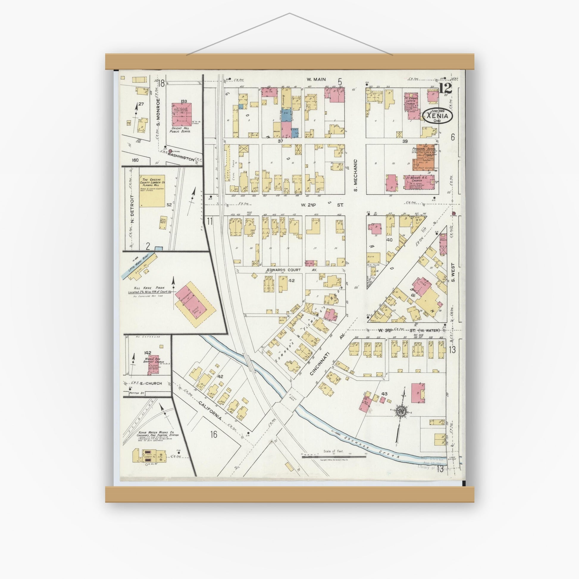 Old map wall art mockup — magnetic wood frame on white wall — Sanborn Fire Insurance Map from Xenia, Greene County, Ohio (1919), Sheet #0012