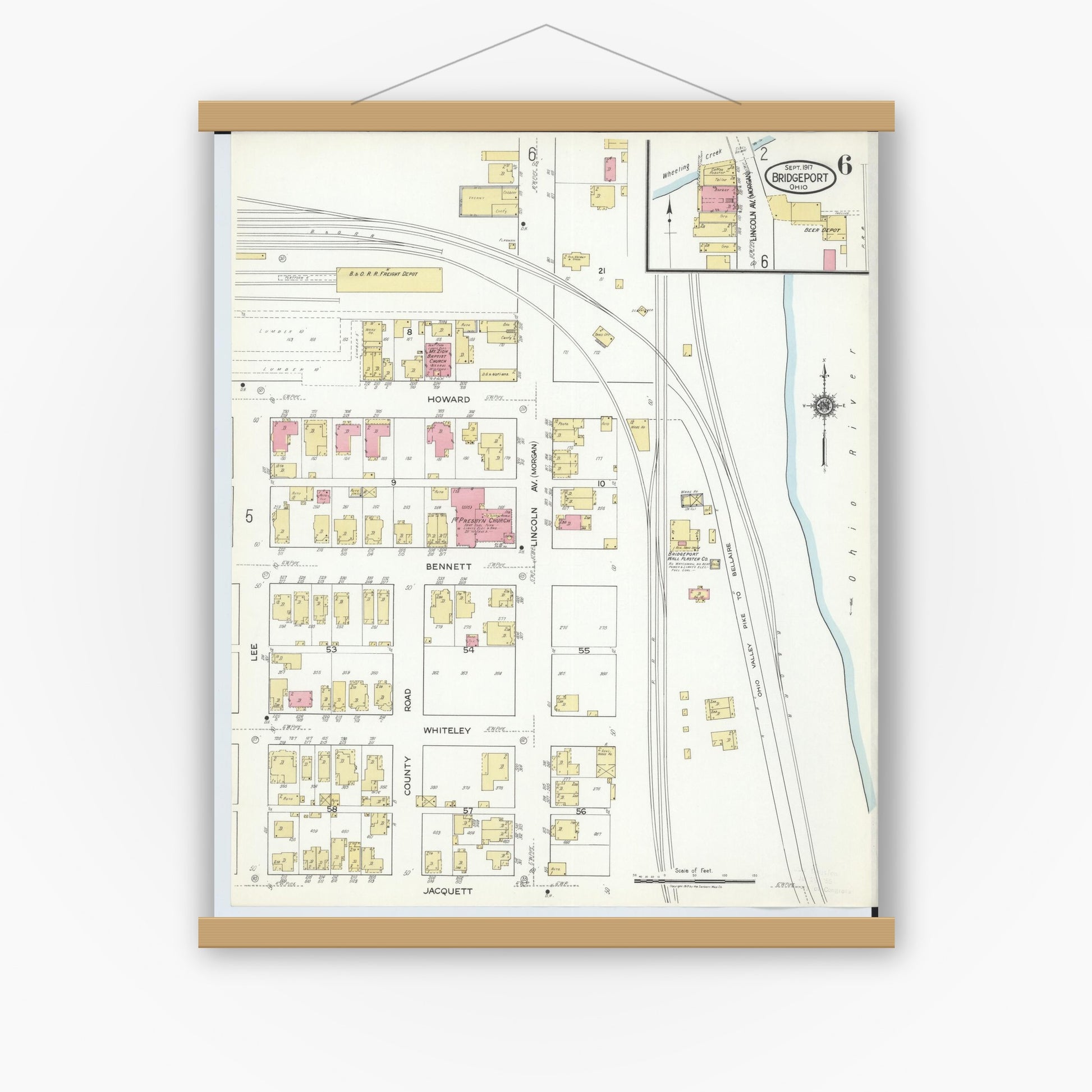 Old map wall art mockup — magnetic wood frame on white wall — Sanborn Fire Insurance Map from Bridgeport, Belmont County, Ohio (1917), Sheet #0006