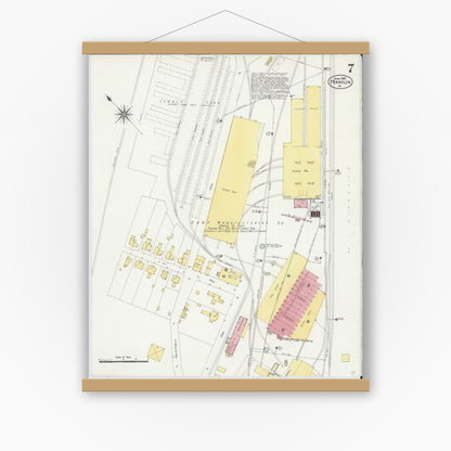 Old map wall art mockup — magnetic wood frame on white wall — Sanborn Fire Insurance Map from Franklin, Independent Cities, Virginia (1907), Sheet #0007