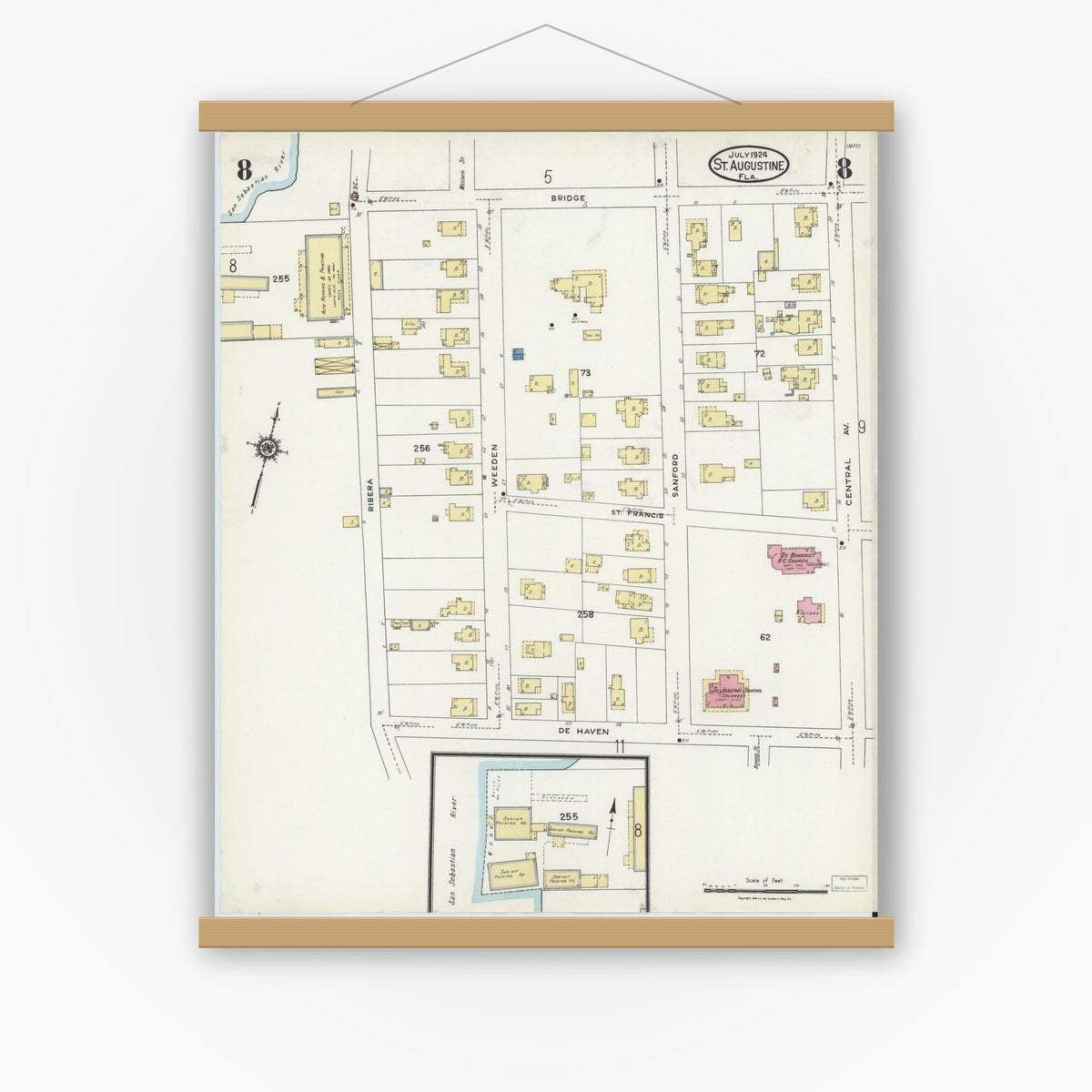 Old map wall art mockup — magnetic wood frame on white wall — Sanborn Fire Insurance Map from Saint Augustine, Saint John's County, Florida (1924), Sheet #0008
