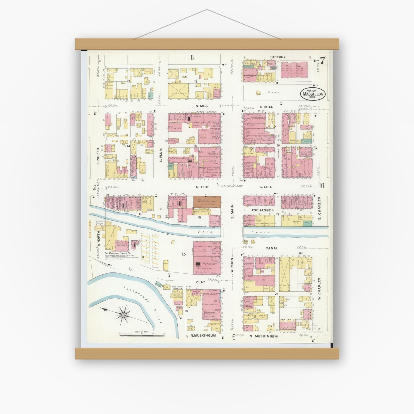 Old map wall art mockup — magnetic wood frame on white wall — Sanborn Fire Insurance Map from Massillon, Stark County, Ohio (1908), Sheet #0007