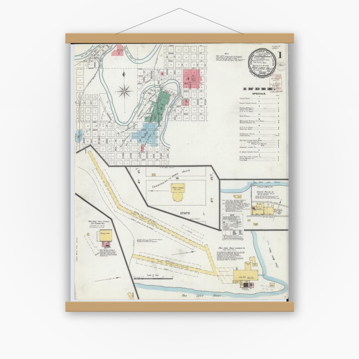 Old map wall art mockup — magnetic wood frame on white wall — Sanborn Fire Insurance Map from Red Lake Falls, Red Lake County, Minnesota (1899) - Complete Map Set