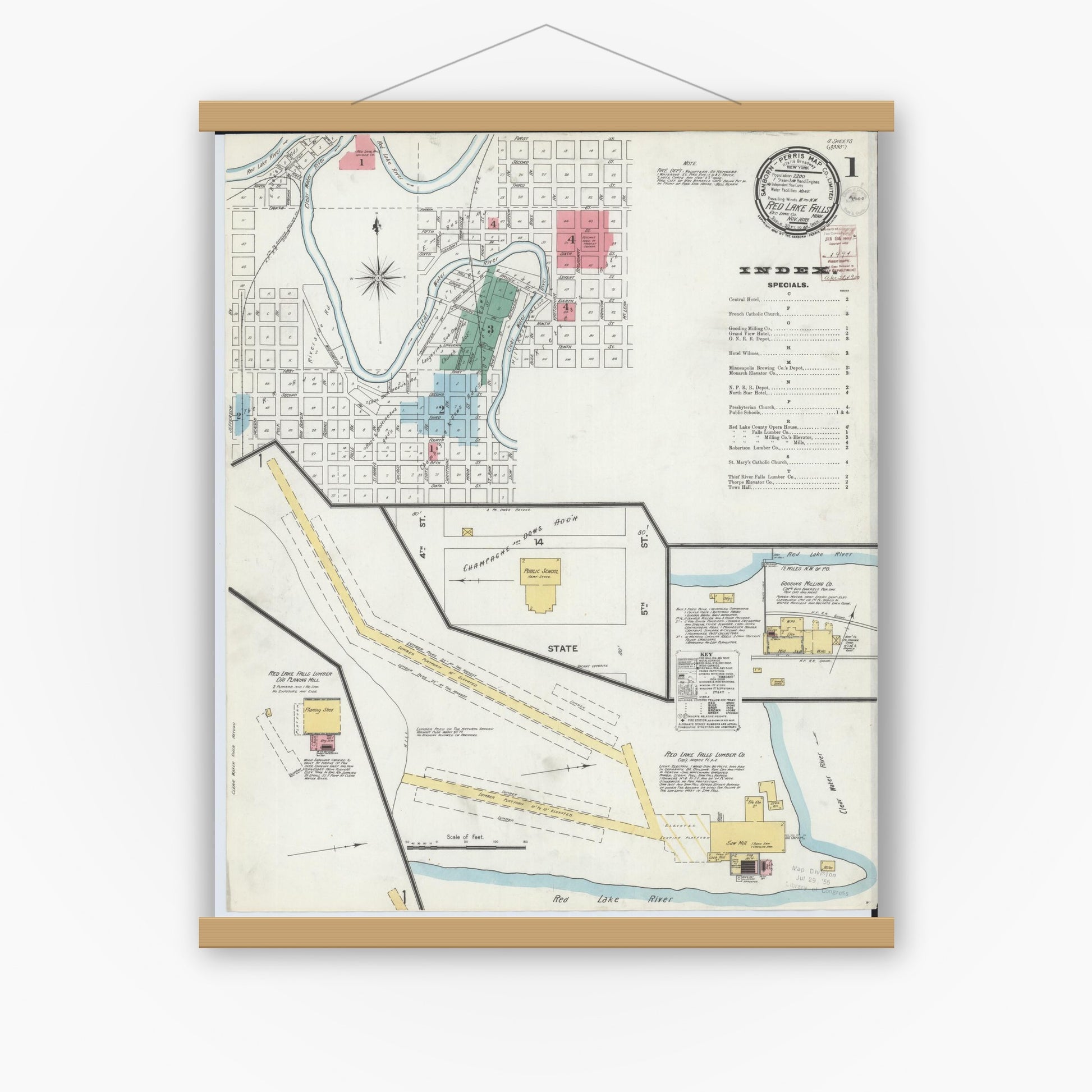 Old map wall art mockup — magnetic wood frame on white wall — Sanborn Fire Insurance Map from Red Lake Falls, Red Lake County, Minnesota (1899) - Complete Map Set
