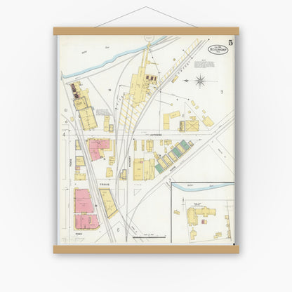 Old map wall art mockup — magnetic wood frame on white wall — Sanborn Fire Insurance Map from Beaumont, Jefferson County, Texas (1904), Sheet #0005