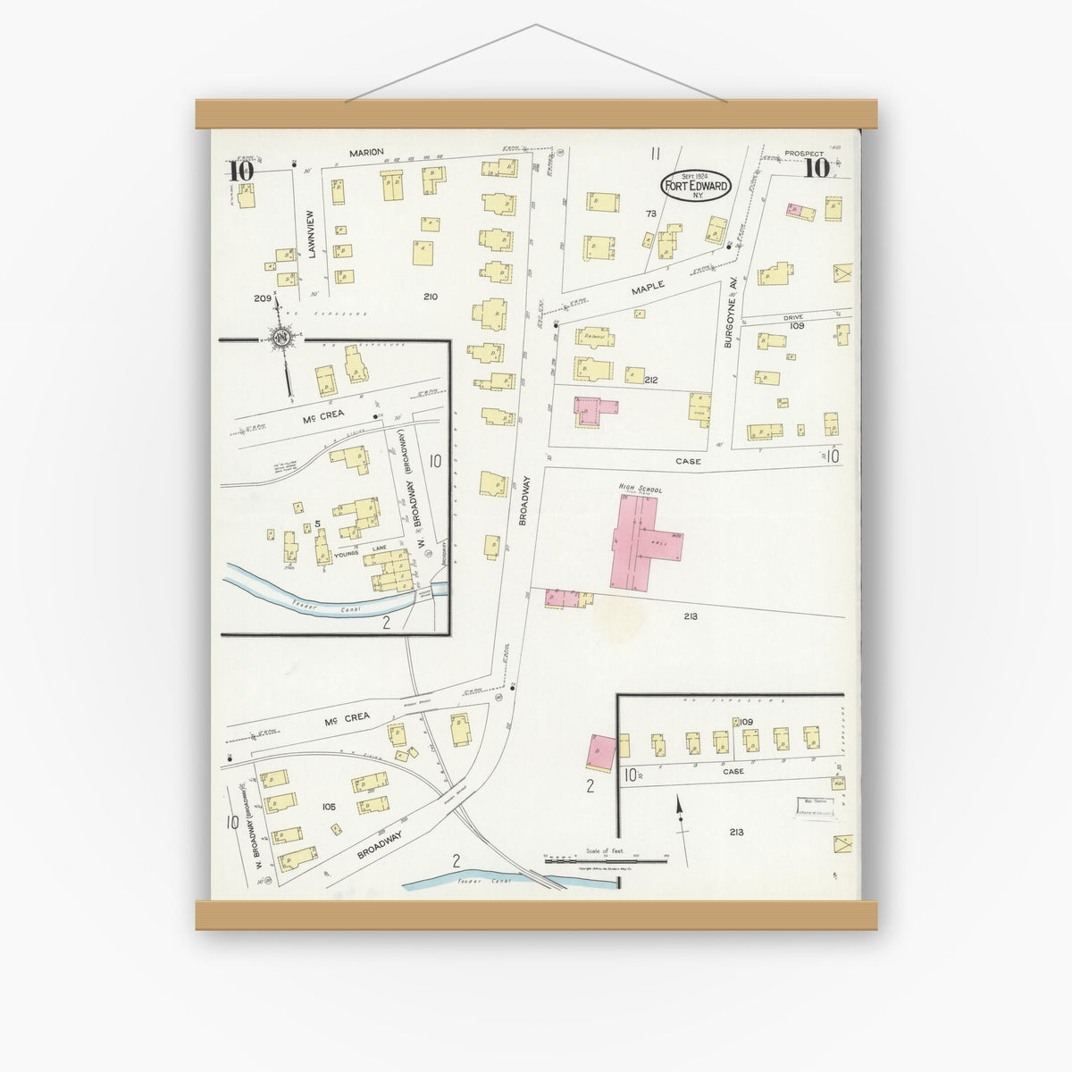 Old map wall art mockup — magnetic wood frame on white wall — Sanborn Fire Insurance Map from Fort Edward, Washington County, New York (1924), Sheet #0010