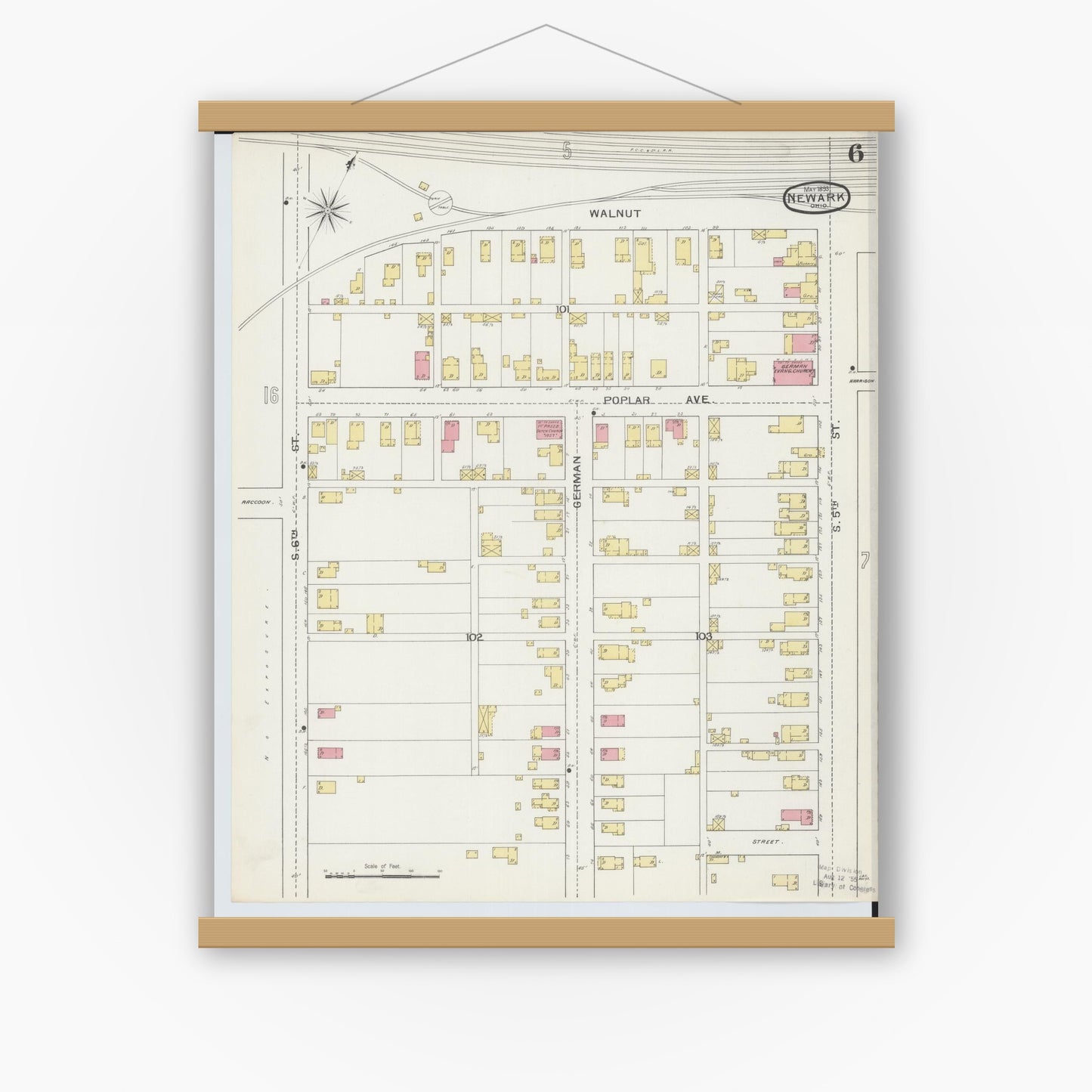 Old map wall art mockup — magnetic wood frame on white wall — Sanborn Fire Insurance Map from Newark, Licking County, Ohio (1893), Sheet #0006
