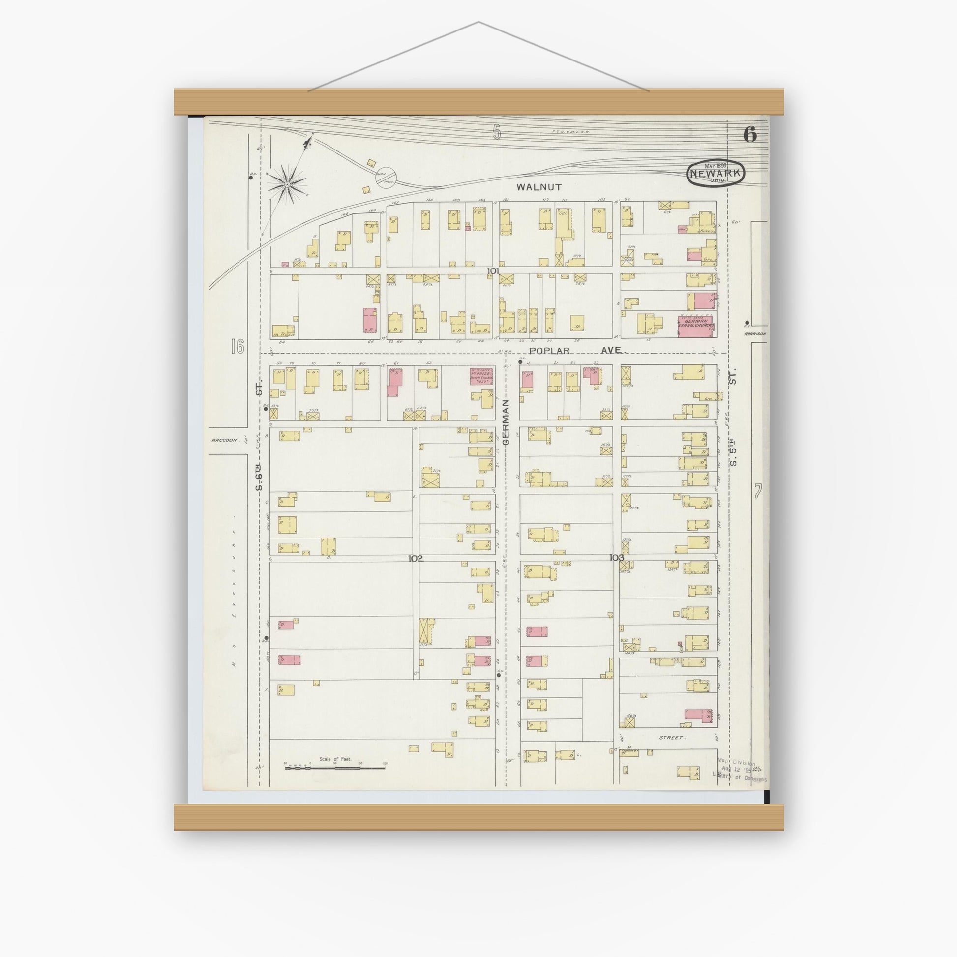 Old map wall art mockup — magnetic wood frame on white wall — Sanborn Fire Insurance Map from Newark, Licking County, Ohio (1893), Sheet #0006