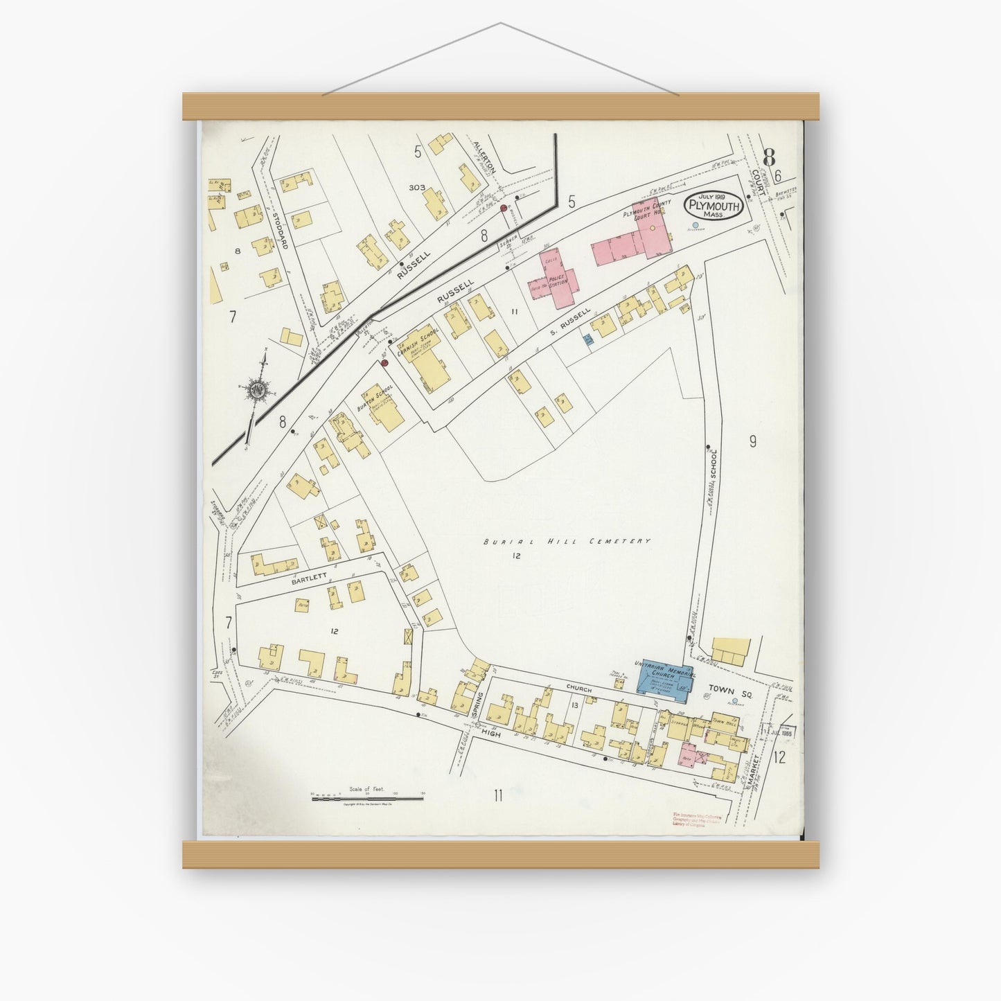 Old map wall art mockup — magnetic wood frame on white wall — Sanborn Fire Insurance Map from Plymouth, Plymouth County, Massachusetts (1919), Sheet #0008