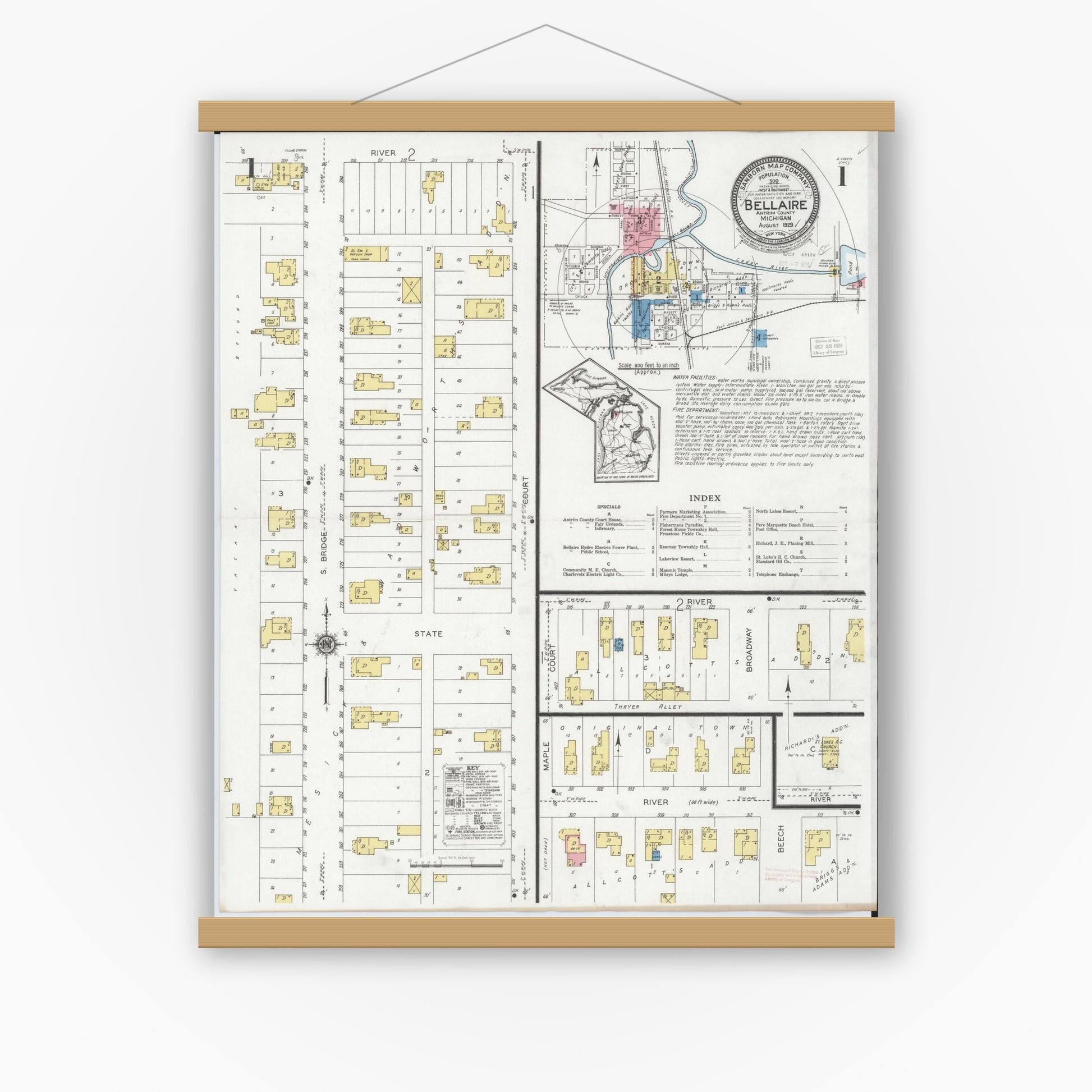Old map wall art mockup — magnetic wood frame on white wall — Sanborn Fire Insurance Map from Bellaire, Antrim County, Michigan (1929), Sheet #0001