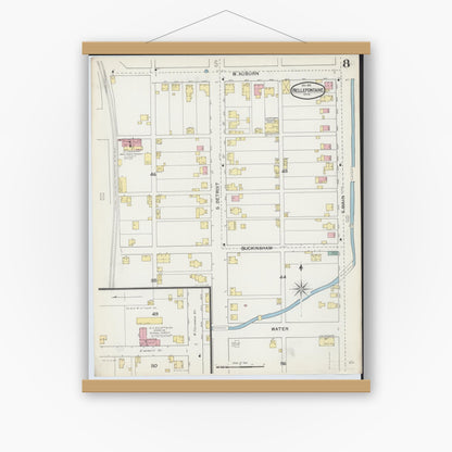 Old map wall art mockup — magnetic wood frame on white wall — Sanborn Fire Insurance Map from Bellefontaine, Logan County, Ohio (1892), Sheet #0008