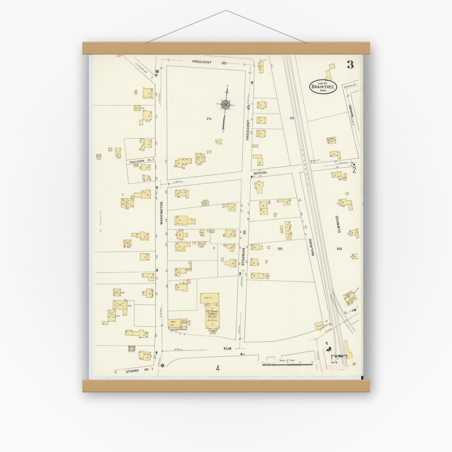 Old map wall art mockup — magnetic wood frame on white wall — Sanborn Fire Insurance Map from Braintree, Norfolk County, Massachusetts (1911), Sheet #0003