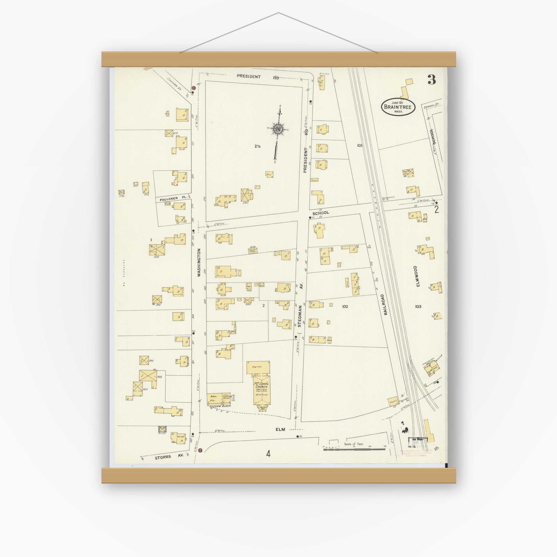 Old map wall art mockup — magnetic wood frame on white wall — Sanborn Fire Insurance Map from Braintree, Norfolk County, Massachusetts (1911), Sheet #0003
