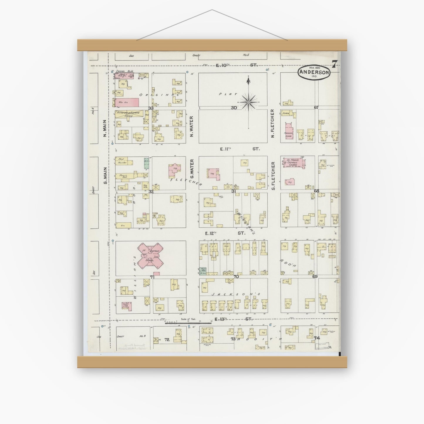 Old map wall art mockup — magnetic wood frame on white wall — Sanborn Fire Insurance Map from Anderson, Madison County, Indiana (1890), Sheet #0007