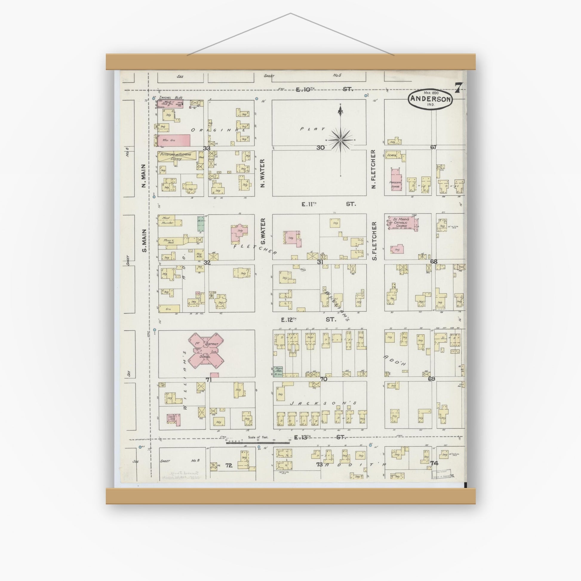 Old map wall art mockup — magnetic wood frame on white wall — Sanborn Fire Insurance Map from Anderson, Madison County, Indiana (1890), Sheet #0007