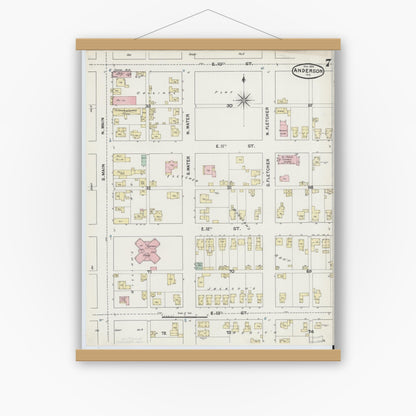 Old map wall art mockup — magnetic wood frame on white wall — Sanborn Fire Insurance Map from Anderson, Madison County, Indiana (1890), Sheet #0007