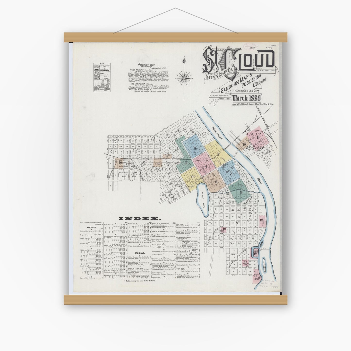Old map wall art mockup — magnetic wood frame on white wall — Sanborn Fire Insurance Map from Saint Cloud, Stearns, Benton, and Sherburne Counties, Minnesota (1889) - Complete Map Set