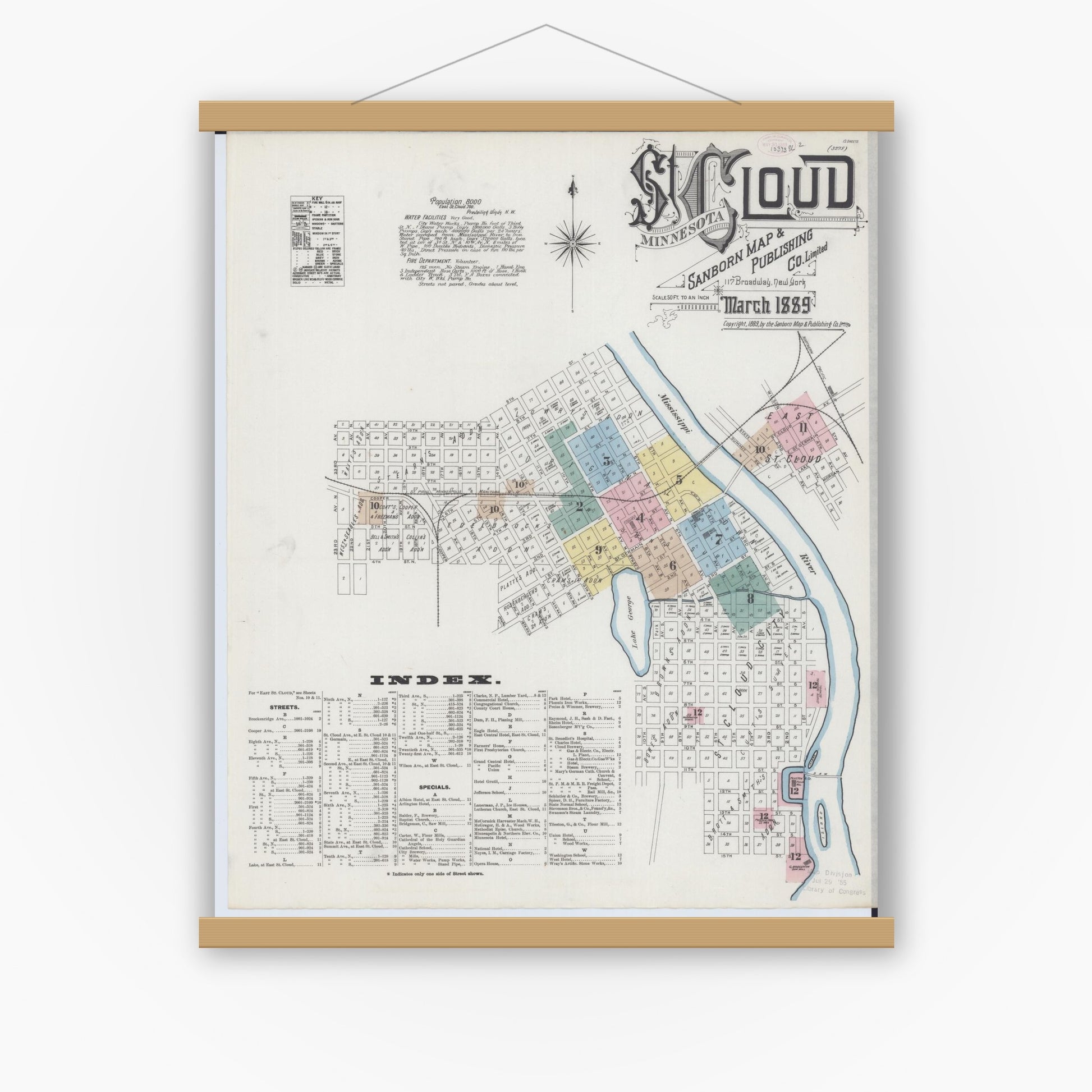 Old map wall art mockup — magnetic wood frame on white wall — Sanborn Fire Insurance Map from Saint Cloud, Stearns, Benton, and Sherburne Counties, Minnesota (1889) - Complete Map Set