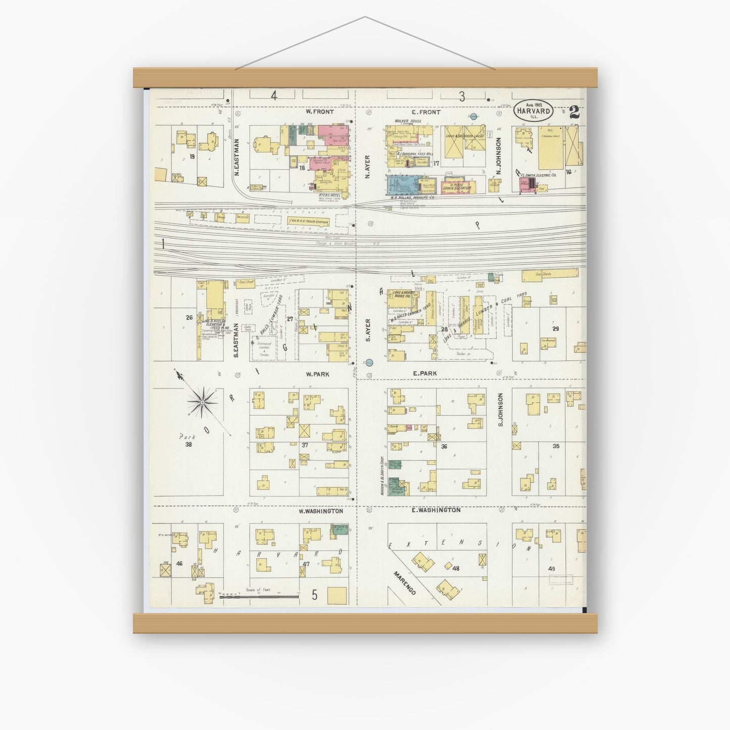 Old map wall art mockup — magnetic wood frame on white wall — Sanborn Fire Insurance Map from Harvard, McHenry County, Illinois (1902), Sheet #0002