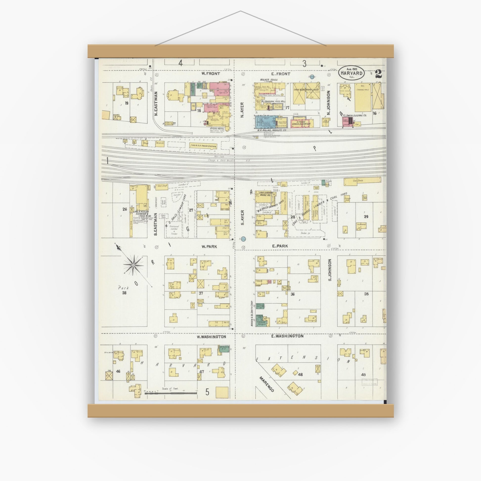 Old map wall art mockup — magnetic wood frame on white wall — Sanborn Fire Insurance Map from Harvard, McHenry County, Illinois (1902), Sheet #0002