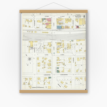 Old map wall art mockup — magnetic wood frame on white wall — Sanborn Fire Insurance Map from Harvard, McHenry County, Illinois (1902), Sheet #0002