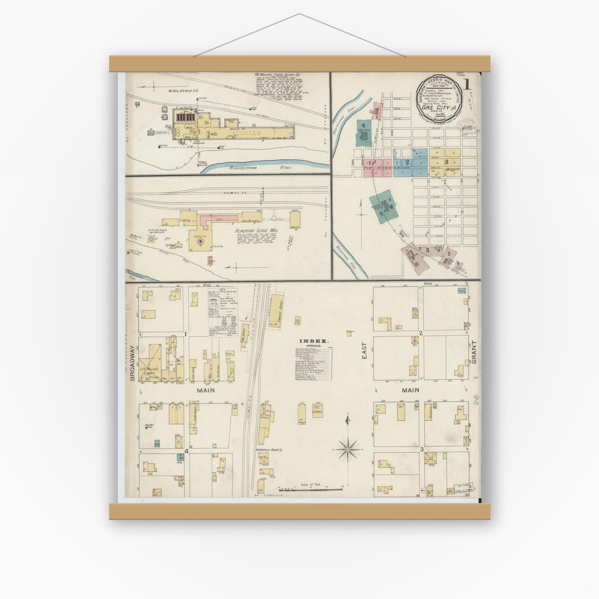 Old map wall art mockup — magnetic wood frame on white wall — Sanborn Fire Insurance Map from Gas City, Grant County, Indiana (1893), Sheet #0001