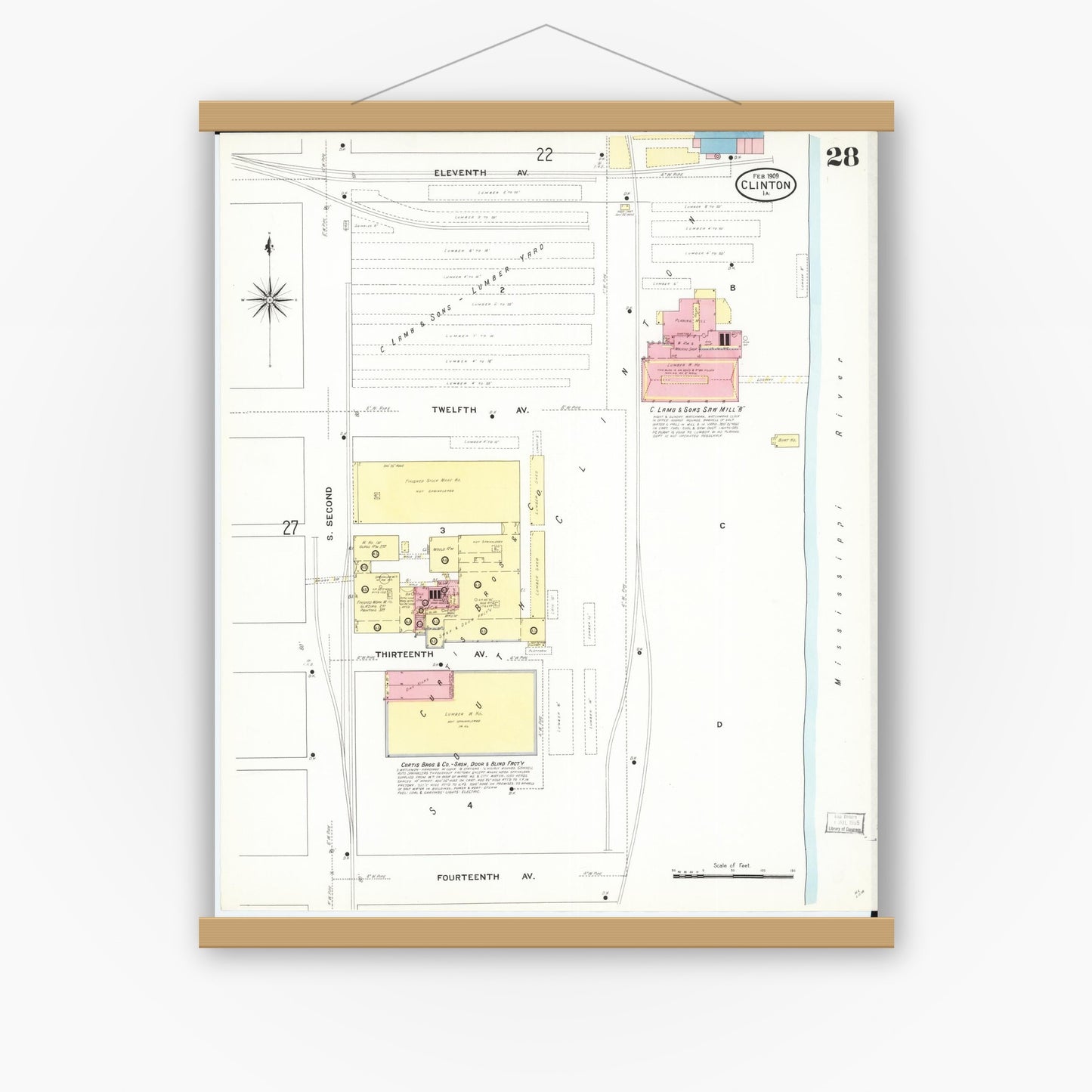 Old map wall art mockup — magnetic wood frame on white wall — Sanborn Fire Insurance Map from Clinton, Clinton County, Iowa (1909), Sheet #0028