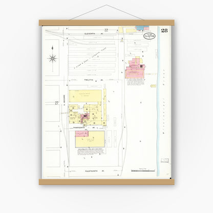 Old map wall art mockup — magnetic wood frame on white wall — Sanborn Fire Insurance Map from Clinton, Clinton County, Iowa (1909), Sheet #0028