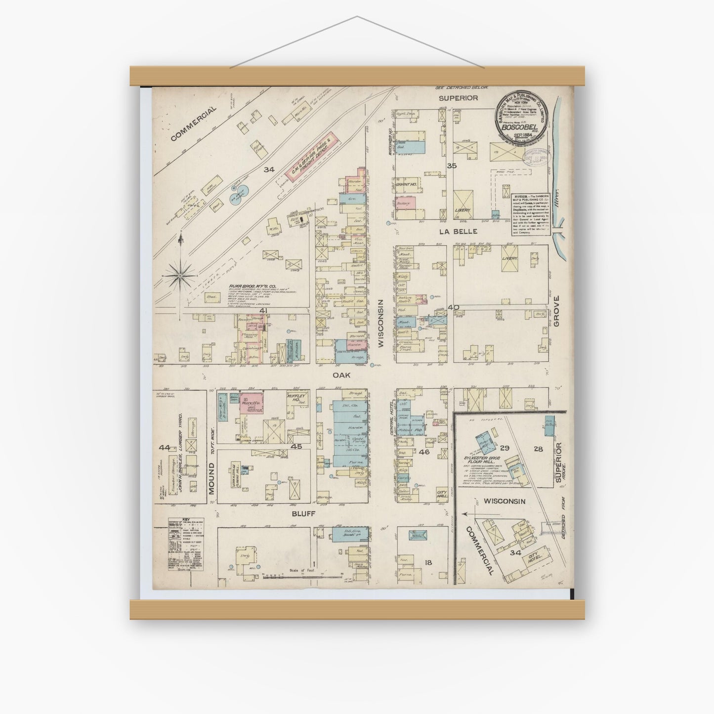 Old map wall art mockup — magnetic wood frame on white wall — Sanborn Fire Insurance Map from Boscobel, Grant County, Wisconsin (1884), Sheet #0001