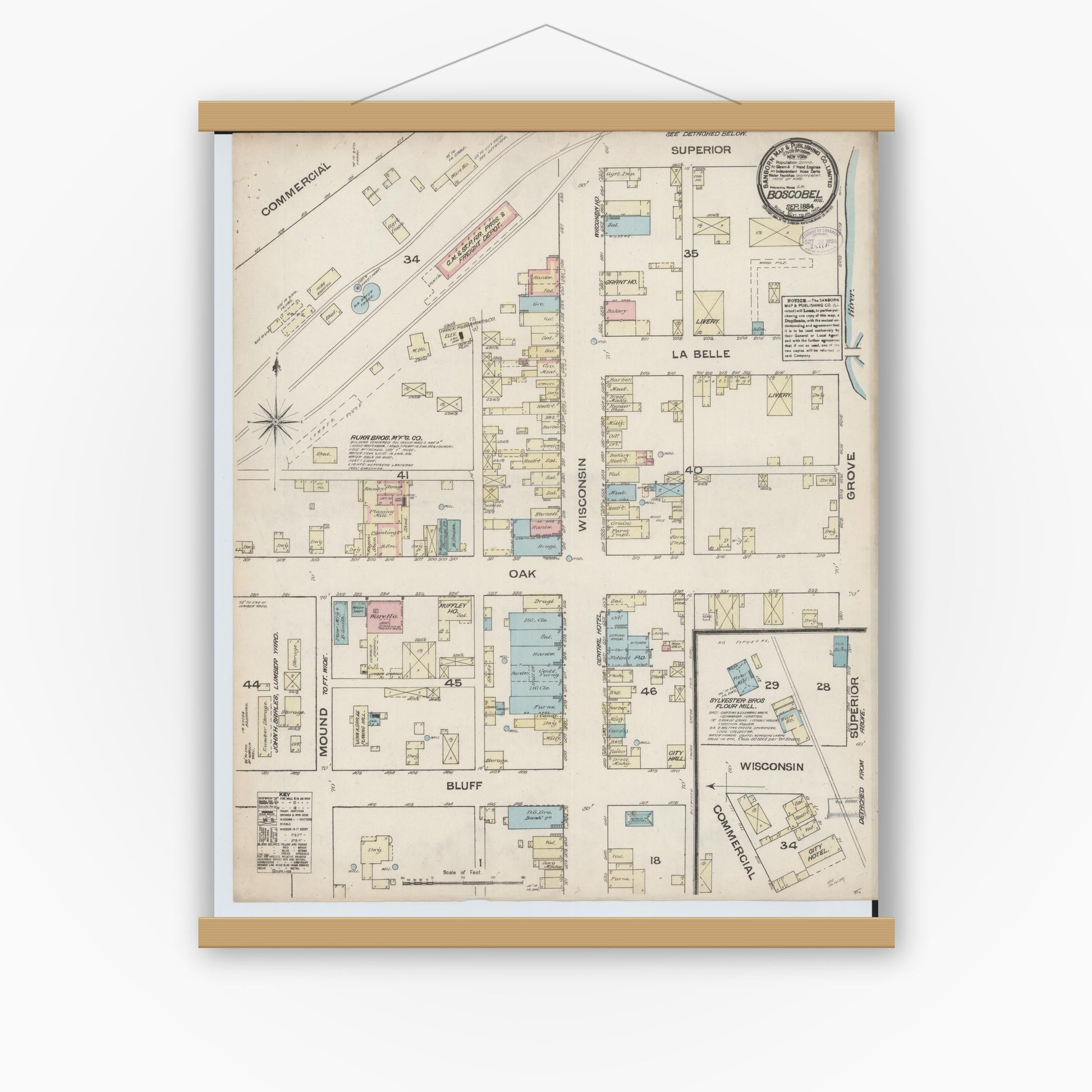 Old map wall art mockup — magnetic wood frame on white wall — Sanborn Fire Insurance Map from Boscobel, Grant County, Wisconsin (1884), Sheet #0001