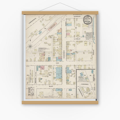 Old map wall art mockup — magnetic wood frame on white wall — Sanborn Fire Insurance Map from Boscobel, Grant County, Wisconsin (1884), Sheet #0001