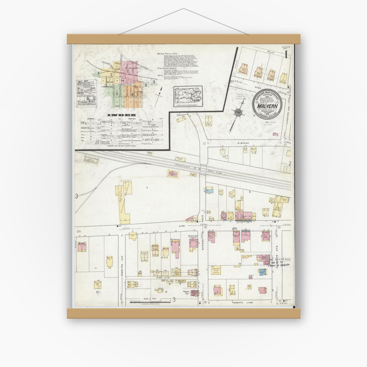 Old map wall art mockup — magnetic wood frame on white wall — Sanborn Fire Insurance Map from Malvern, Chester County, Pennsylvania (1919), Sheet #0001