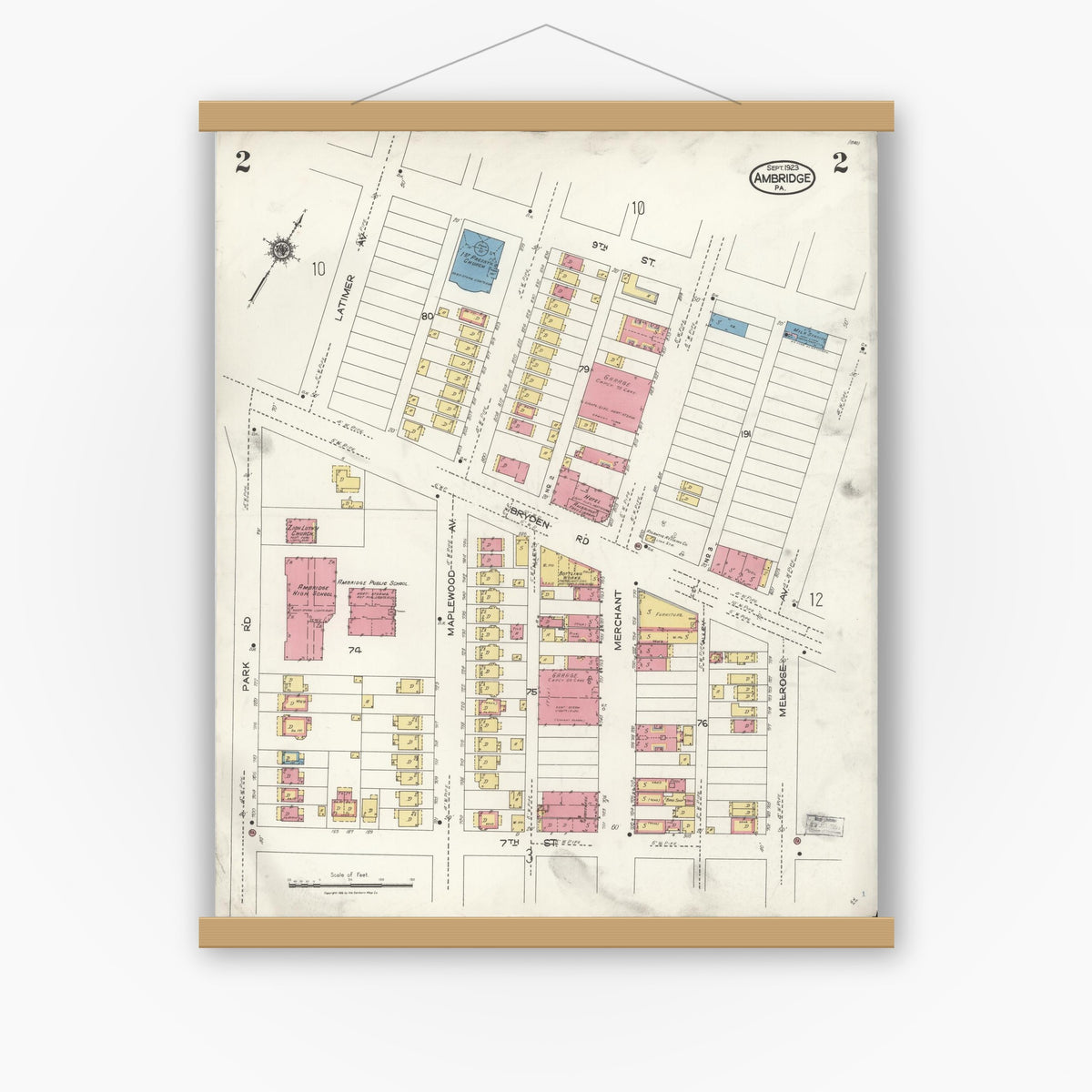 Old map wall art mockup — magnetic wood frame on white wall — Sanborn Fire Insurance Map from Ambridge, Beaver County, Pennsylvania (1923), Sheet #0002