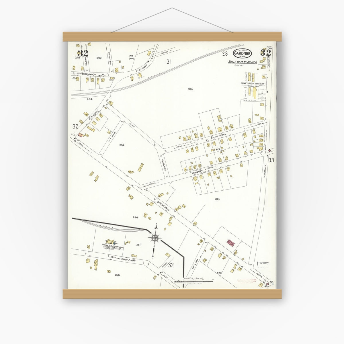 Old map wall art mockup — magnetic wood frame on white wall — Sanborn Fire Insurance Map from Gardner, Worcester County, Massachusetts (1923), Sheet #0032