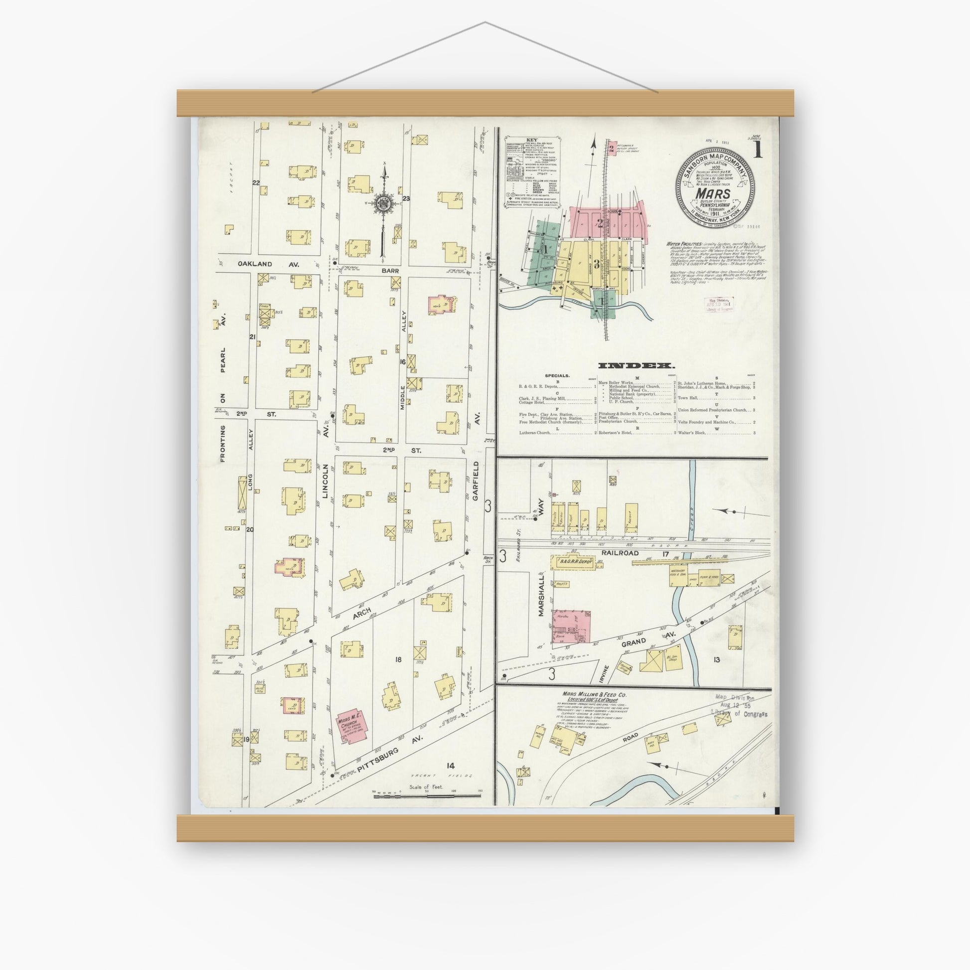 Old map wall art mockup — magnetic wood frame on white wall — Sanborn Fire Insurance Map from Mars, Butler County, Pennsylvania (1911), Sheet #0001