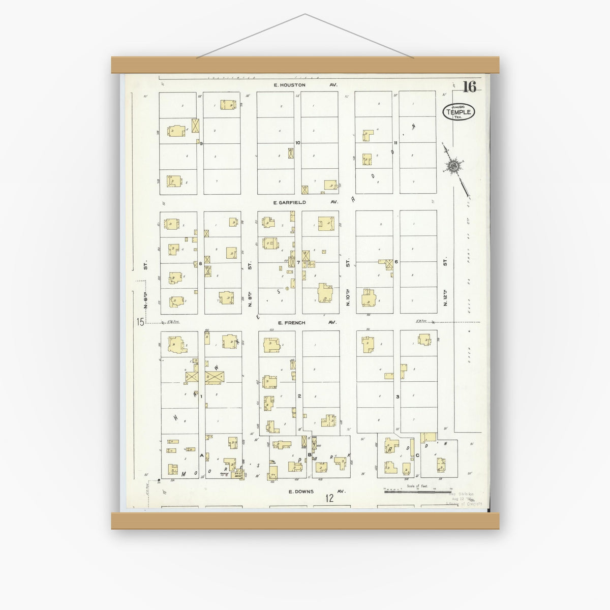 Old map wall art mockup — magnetic wood frame on white wall — Sanborn Fire Insurance Map from Temple, Bell County, Texas (1910), Sheet #0016