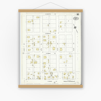 Old map wall art mockup — magnetic wood frame on white wall — Sanborn Fire Insurance Map from Temple, Bell County, Texas (1910), Sheet #0016