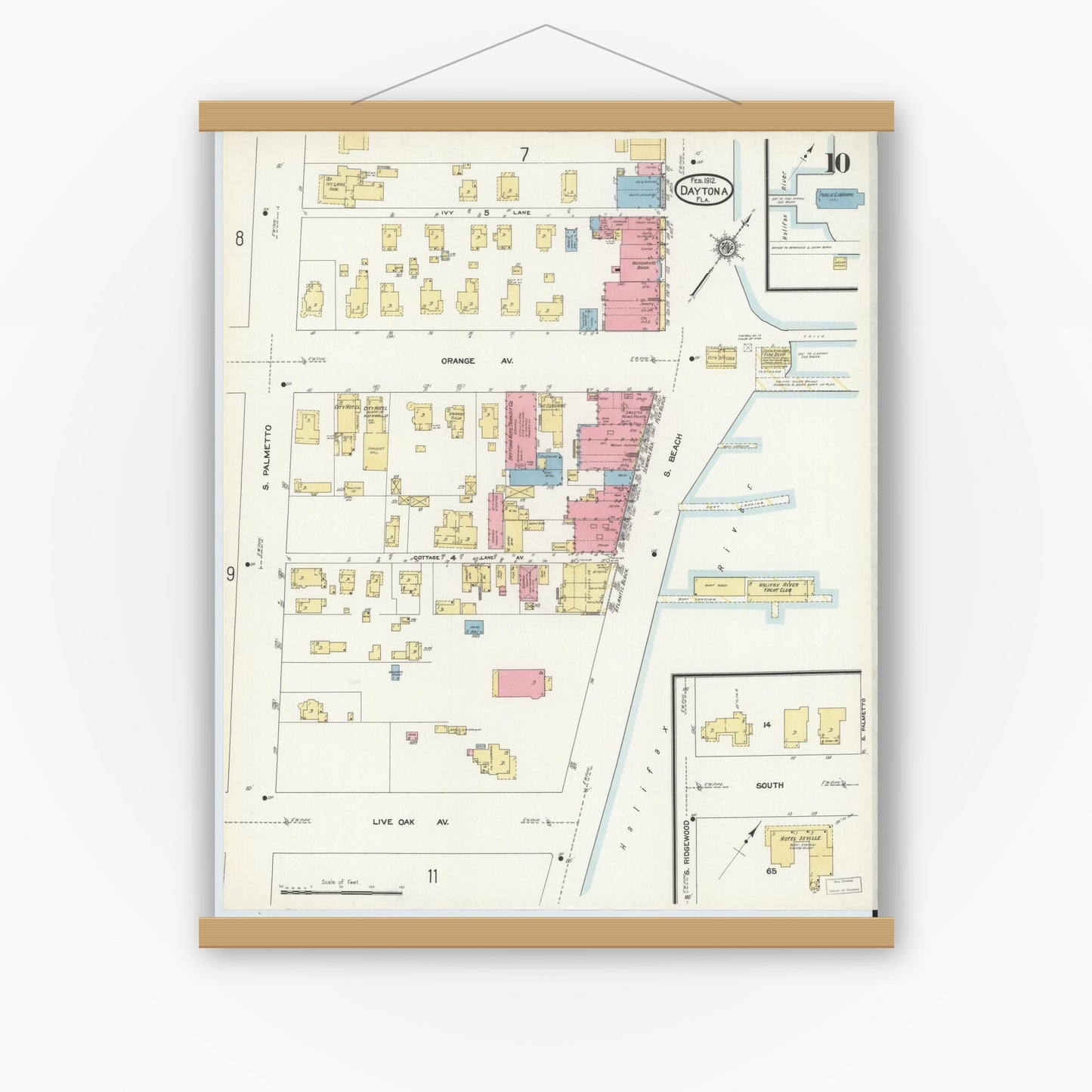 Old map wall art mockup — magnetic wood frame on white wall — Sanborn Fire Insurance Map from Daytona, Volusia County, Florida (1912), Sheet #0010