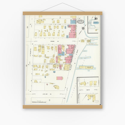 Old map wall art mockup — magnetic wood frame on white wall — Sanborn Fire Insurance Map from Daytona, Volusia County, Florida (1912), Sheet #0010