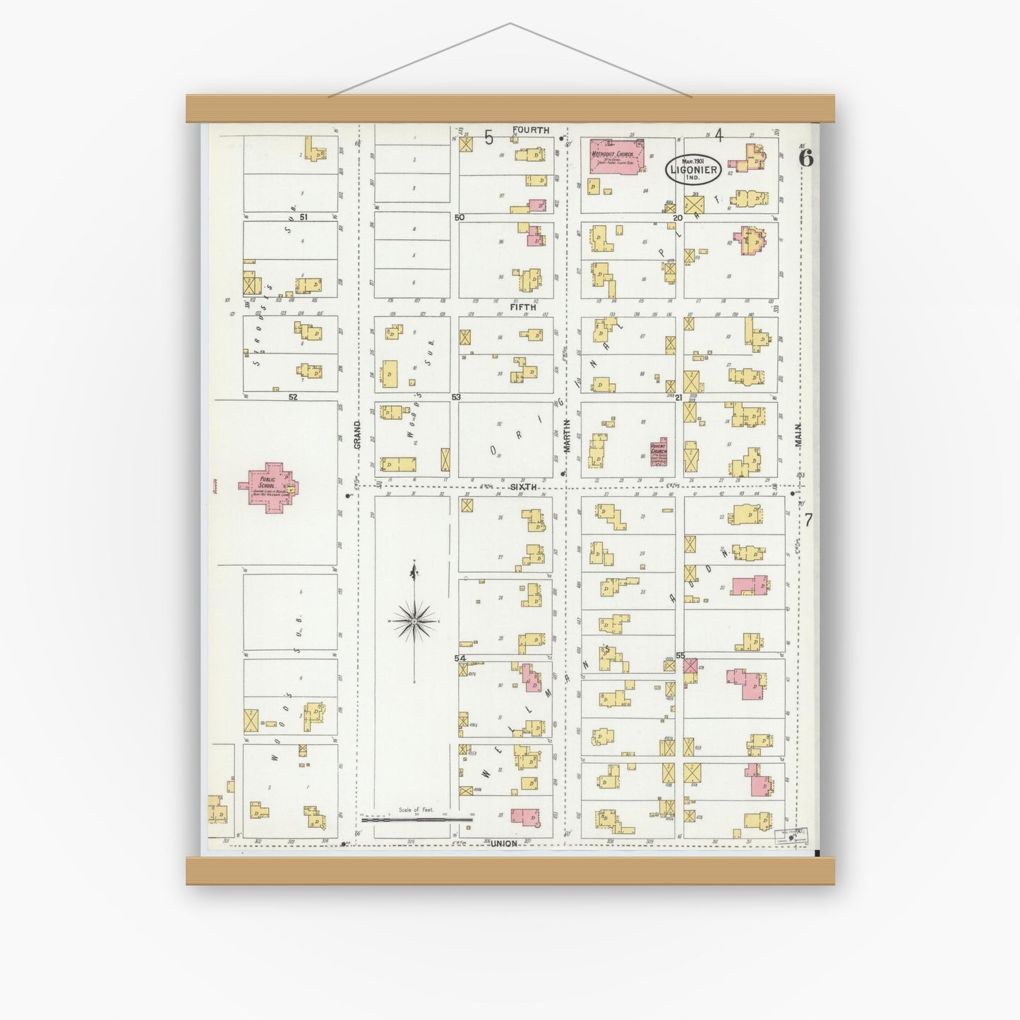 Old map wall art mockup — magnetic wood frame on white wall — Sanborn Fire Insurance Map from Ligonier, Noble County, Indiana (1901), Sheet #0006