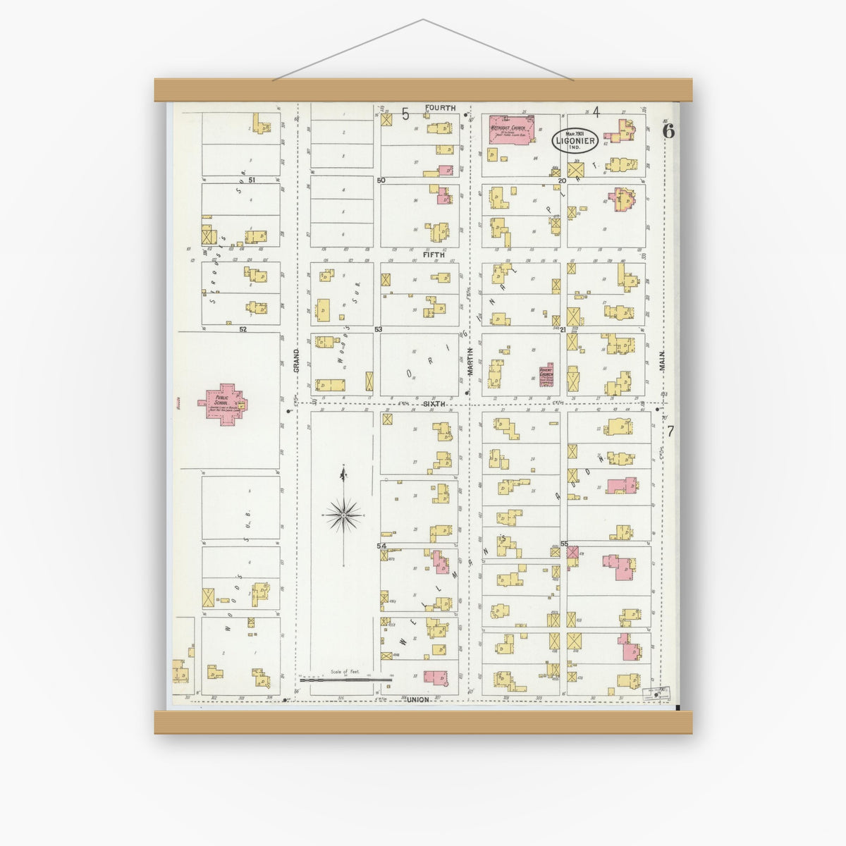 Old map wall art mockup — magnetic wood frame on white wall — Sanborn Fire Insurance Map from Ligonier, Noble County, Indiana (1901), Sheet #0006