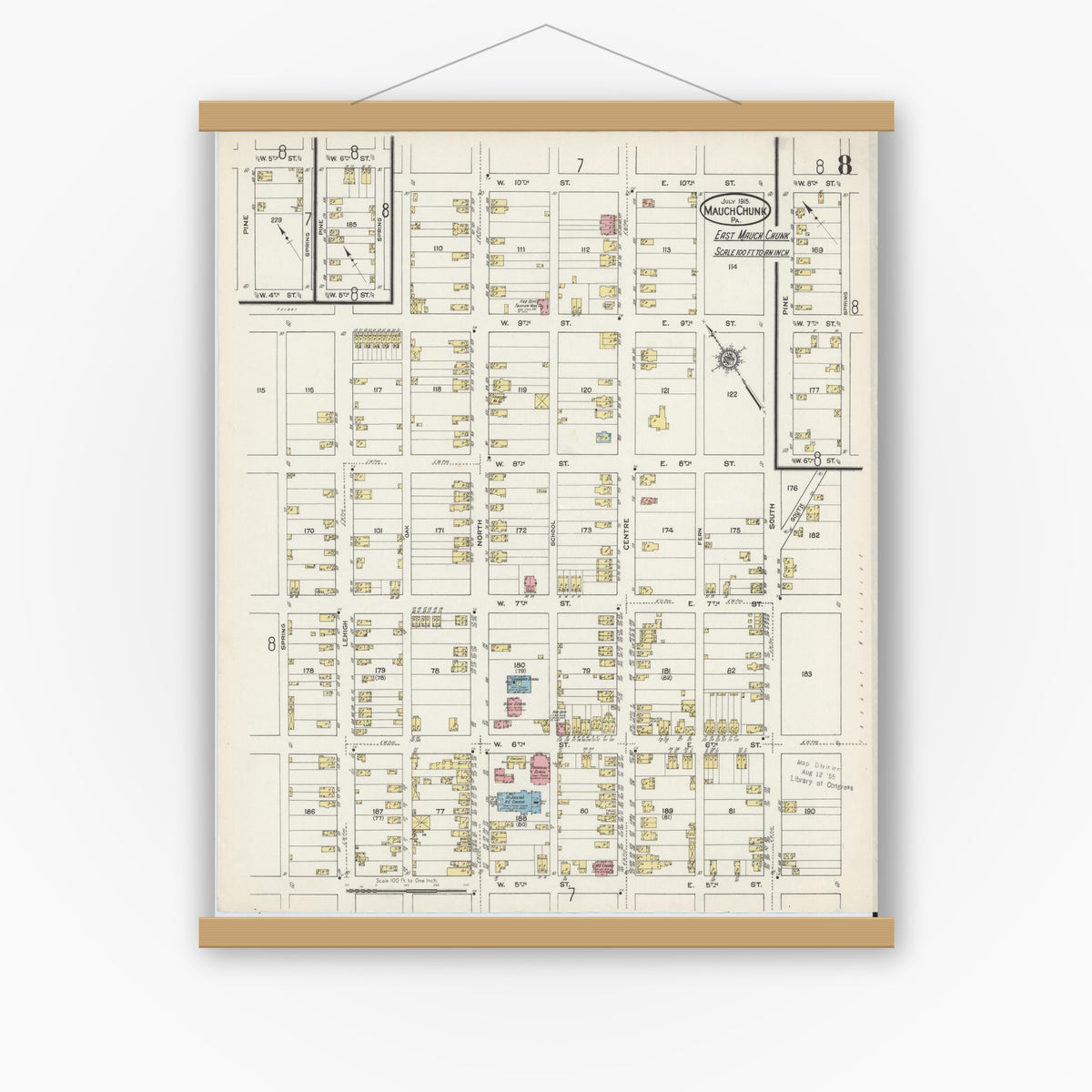 Old map wall art mockup — magnetic wood frame on white wall — Sanborn Fire Insurance Map from Mauch Chunk, Carbon County, Pennsylvania (1915), Sheet #0008
