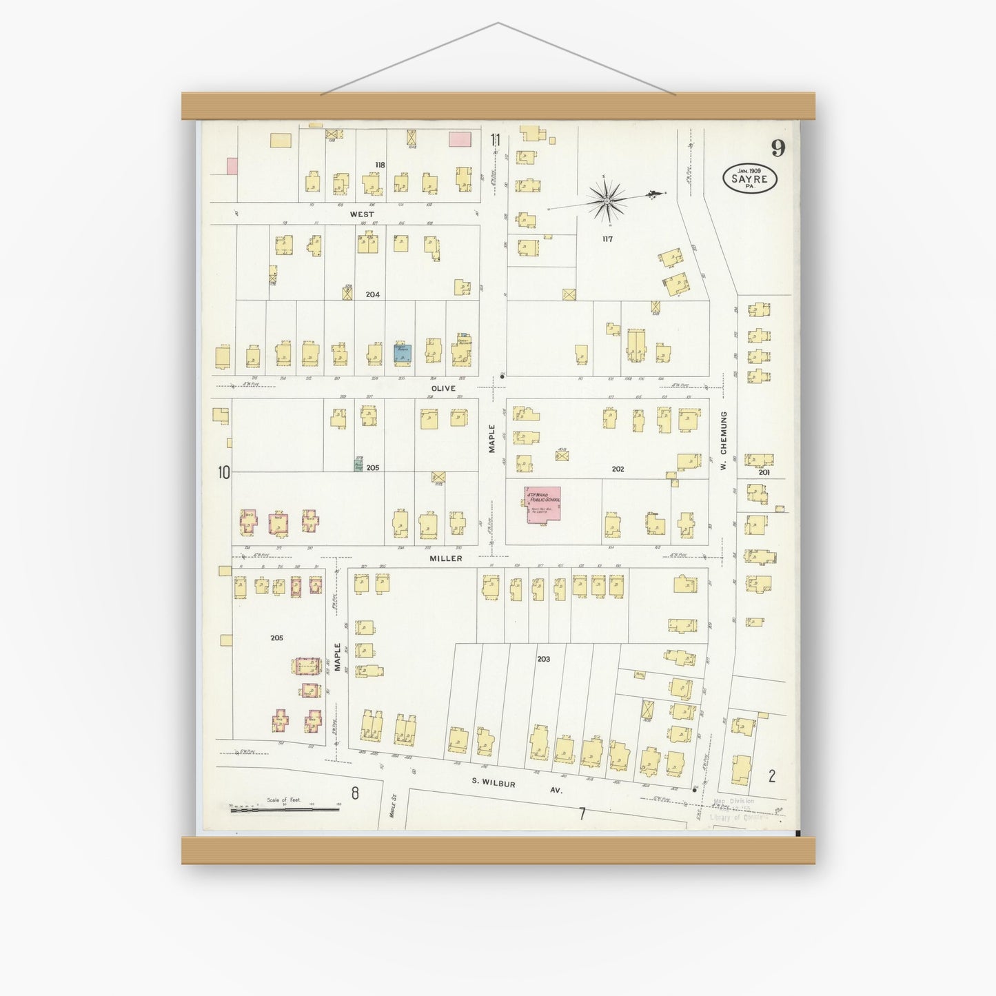 Old map wall art mockup — magnetic wood frame on white wall — Sanborn Fire Insurance Map from Sayre, Bradford County, Pennsylvania (1909), Sheet #0009
