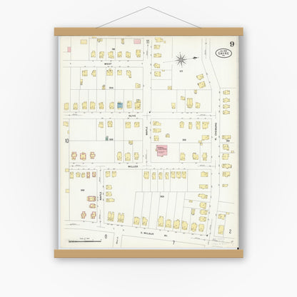 Old map wall art mockup — magnetic wood frame on white wall — Sanborn Fire Insurance Map from Sayre, Bradford County, Pennsylvania (1909), Sheet #0009
